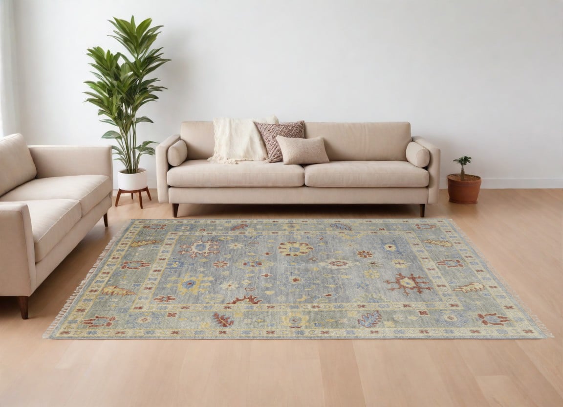 567110 8 x 10 ft. Wool Floral Hand Knotted Rectangle Area Rug with Fringe, Light Blue & Taupe