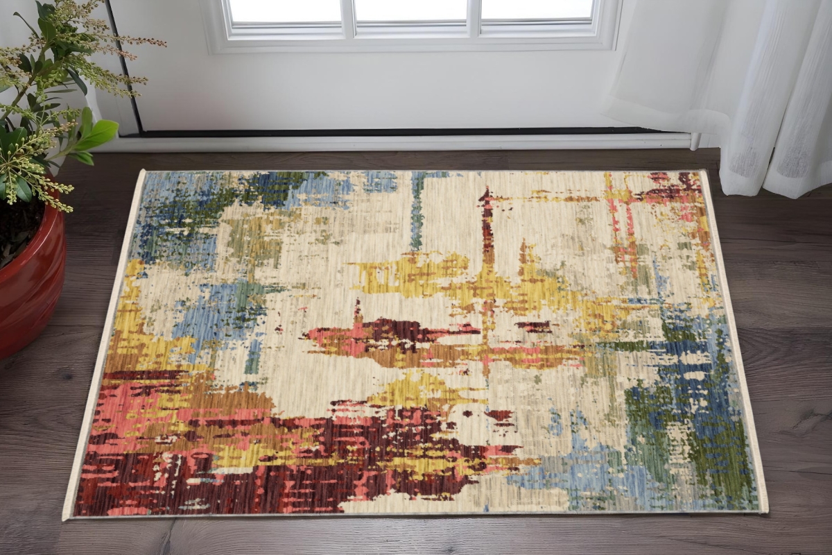 575191 2 x 3 ft. Abstract Rectangle Area Rug with Fringe, Beige, Orange & Red