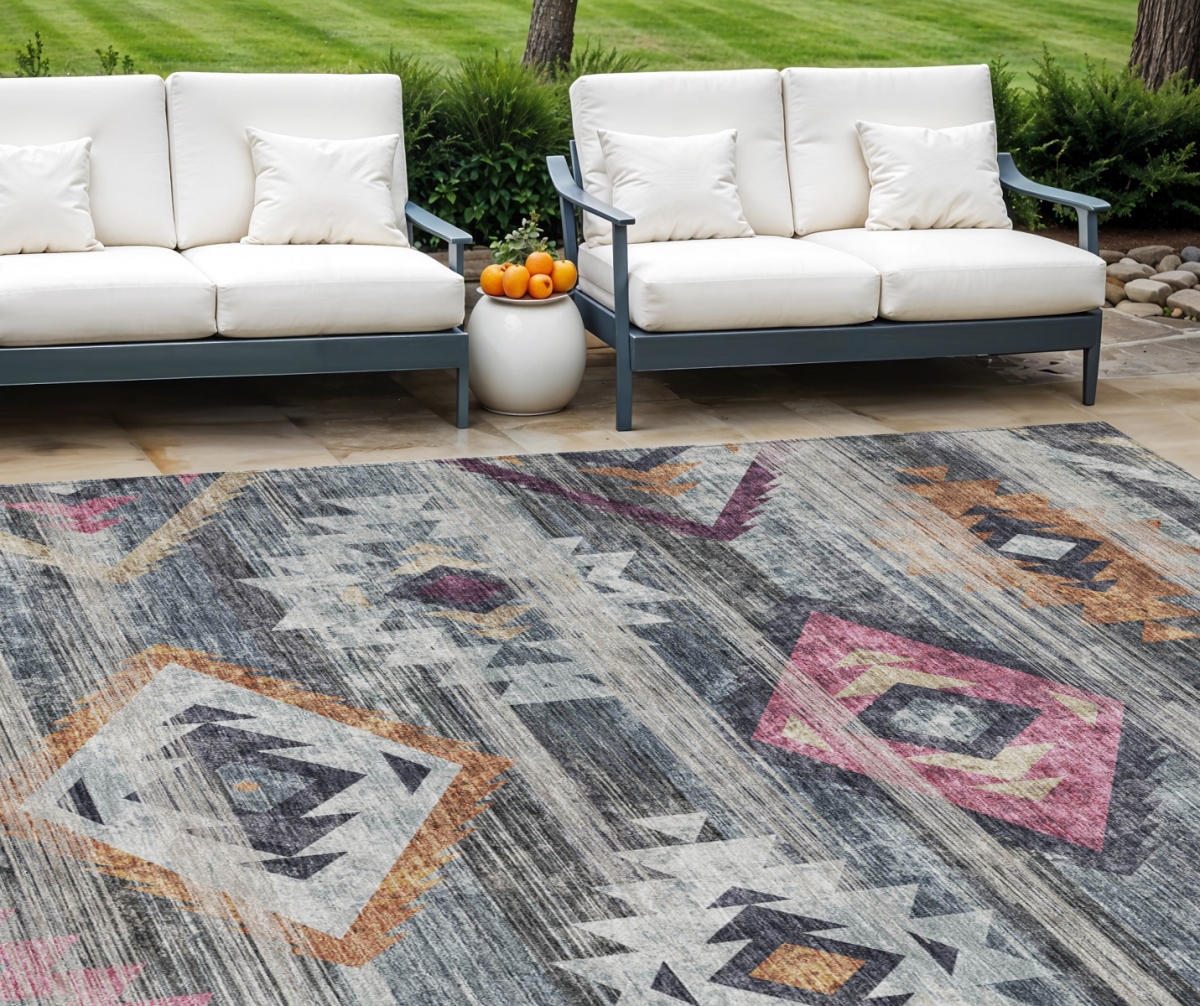 588683 10 x 14 ft. Southwestern Washable Indoor & Outdoor Rectangle Area Rug, Gray, Charcoal & Silver