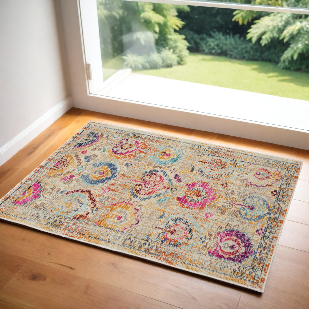 553370 2 x 4 ft. Floral Distressed Rectangle Area Rug, Ivory, Pink & Orange