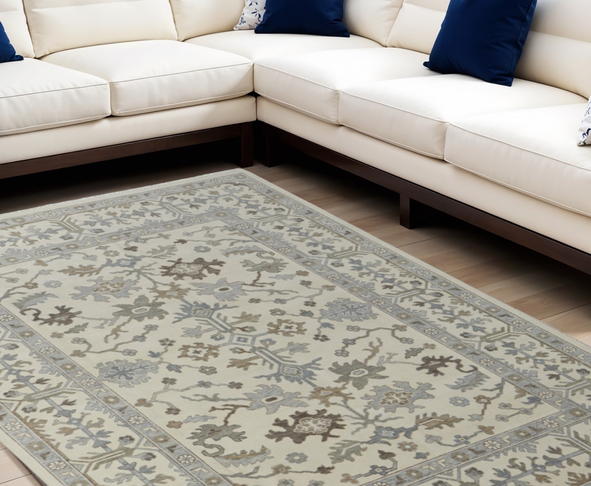566287 6 x 9 ft. Wool Floral Hand Knotted Rectangle Area Rug with Fringe, Ivory, Gray & Brown
