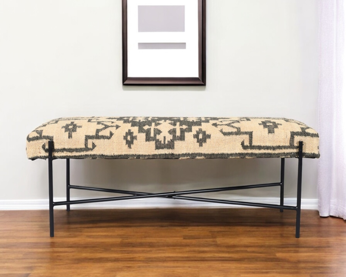 548264 48 in. Cream & Black Cotton Blend Upholstered Southwest Bench