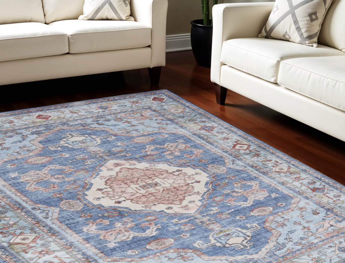 550533 8 x 10 ft. Floral Distressed Non Skid Rectangle Area Rug, Ivory, Red & Blue