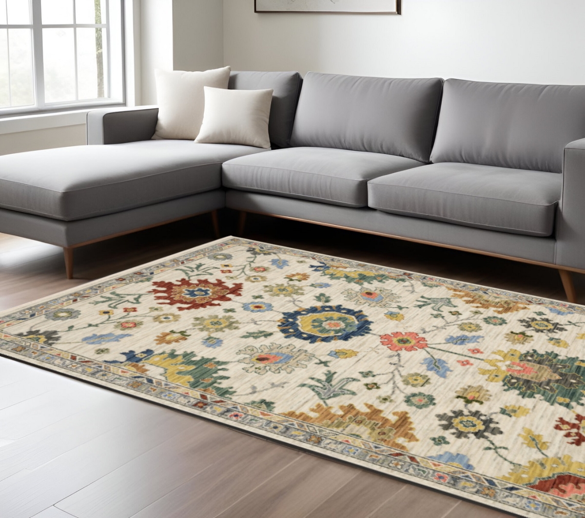 575937 7 x 10 ft. Oriental Rectangle Area Rug with Fringe, Ivory, Gray & Blue