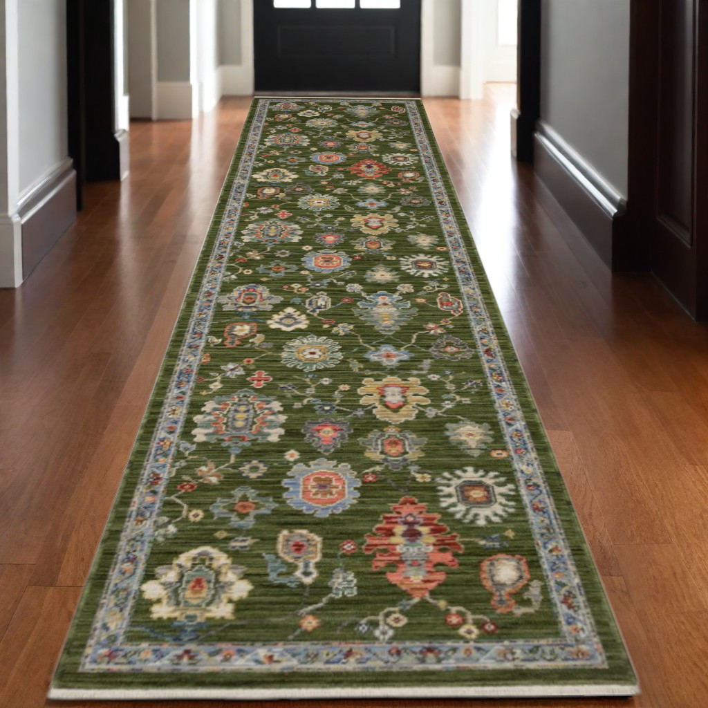 576169 12 ft. Oriental Runner Rug with Fringe, Green, Yellow & Ivory