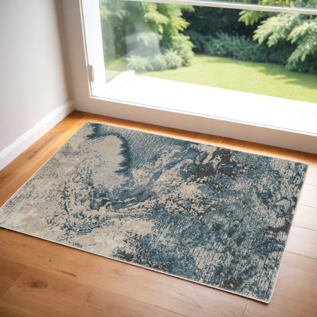 553217 3 x 5 ft. Abstract Rectangle Area Rug, Ivory, Teal Blue & Black