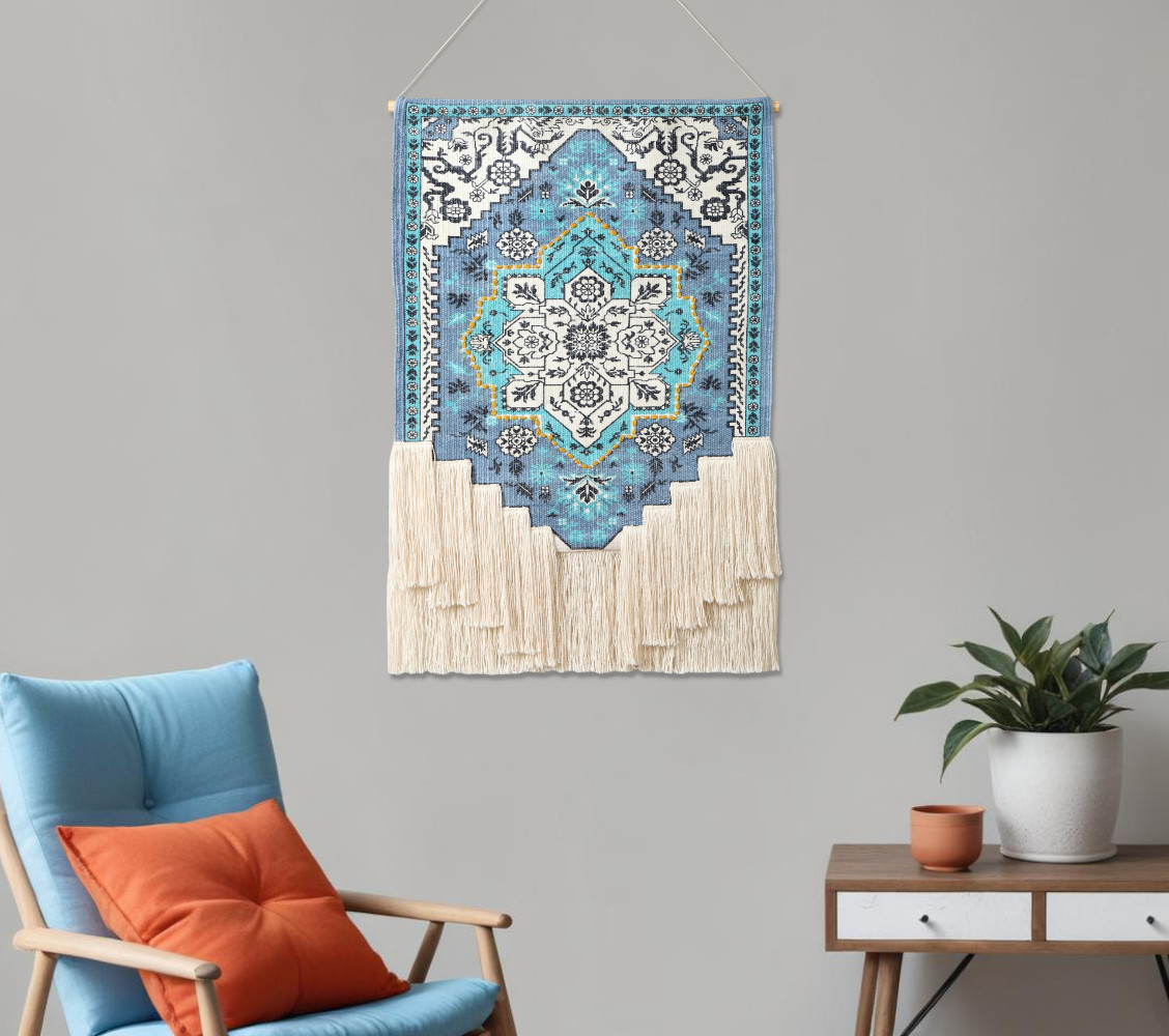 548328 26 x 45 in. Blue Aqua & Ivory Floral Cotton Macrame Hanging Tapestry Wall Decor