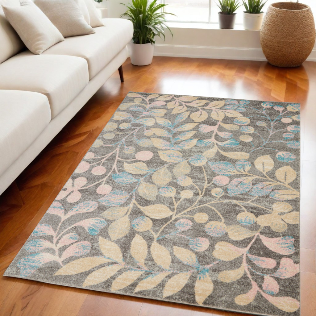 550952 5 x 7 ft. Floral Rectangle Area Rug, Beige, Gray & Blue