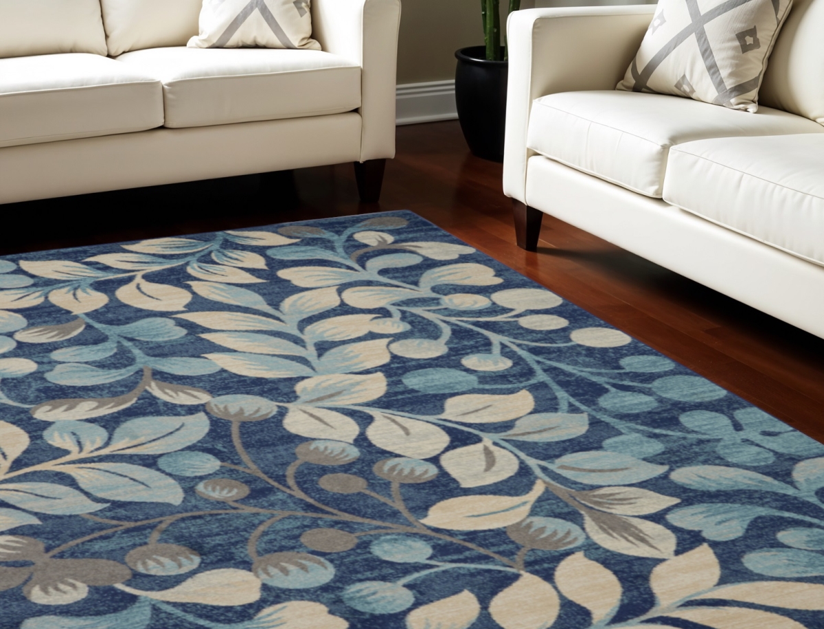 551227 8 x 10 ft. Botanical Leaves Rectangle Area Rug - Navy Blue & Beige