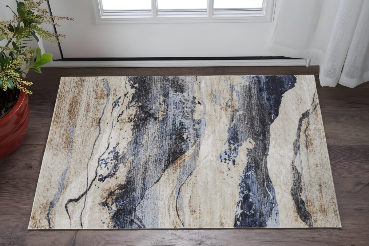 567717 2 x 3 ft. Abstract Power Loom Rectangle Area Rug, Blue, Gray & Tan