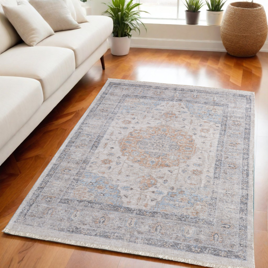 566235 5 x 8 ft. Oriental Hand Woven Distressed Rectangle Area Rug with Fringe, Ivory, Blue & Orange