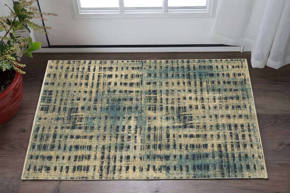 575382 3 x 5 ft. Geometric Rectangle Area Rug, Beige & Blue
