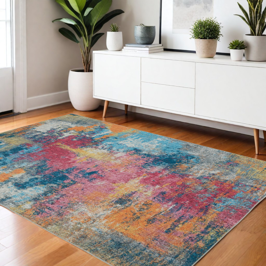 574982 4 x 6 ft. Abstract Distressed Rectangle Area Rug, Blue, Yellow & Red