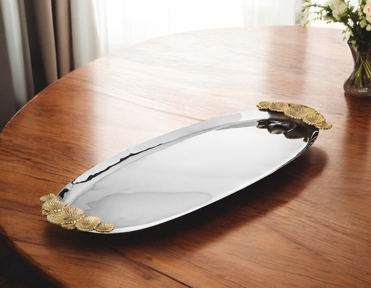 Picture of HomeRoots 517533 20 in. Silver & Gold Oval Stainless Steel Handmade Serving Tray with Handles