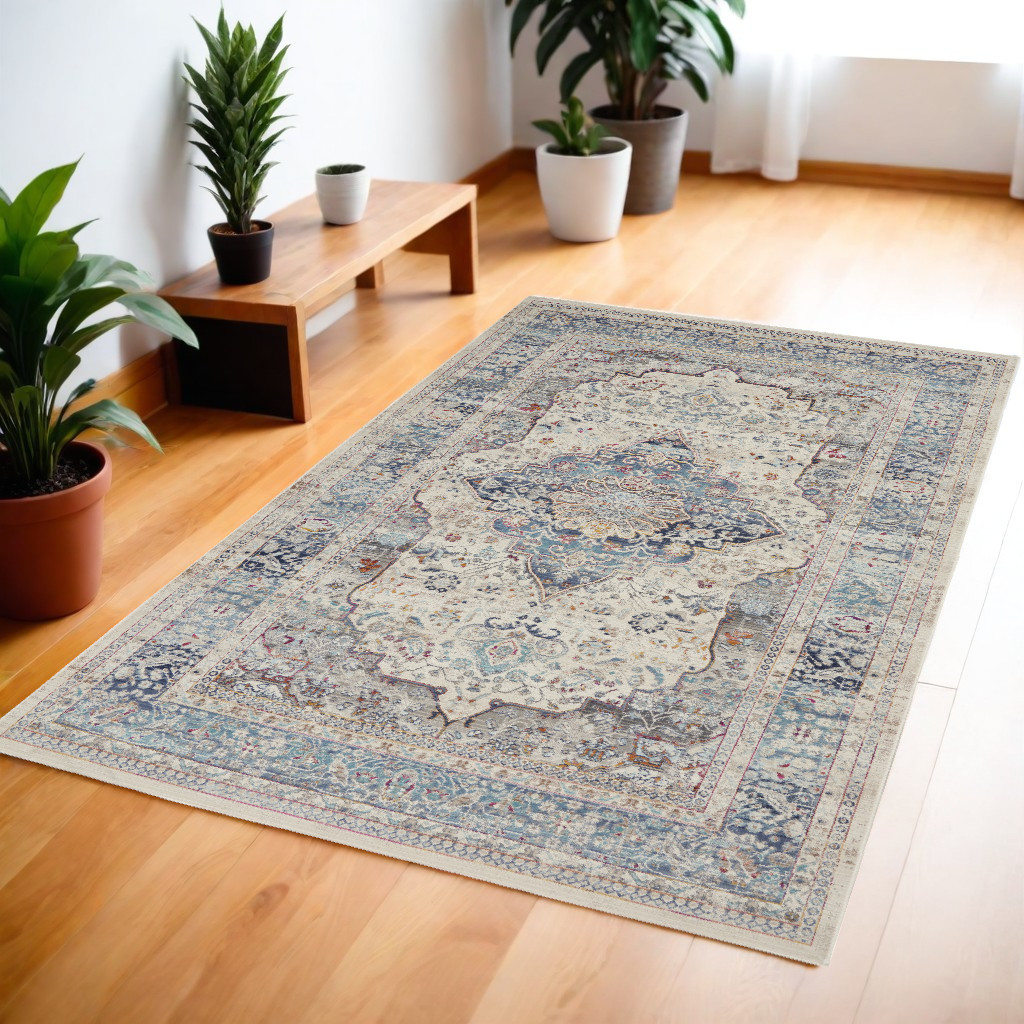 552688 4 x 6 ft. Floral Distressed Rectangle Area Rug, Ivory, Blue & Orange