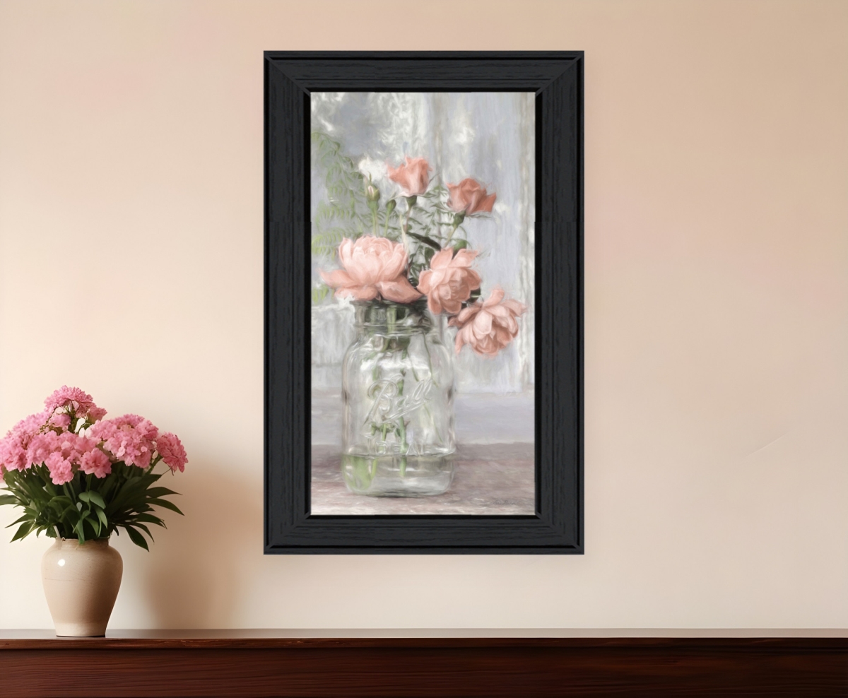 530040 Modern Cottage Peach Roses Black Framed Print Wall Art