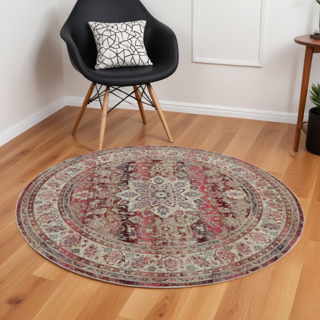 552362 6 ft. Floral Distressed Round Rug, Ivory & Red