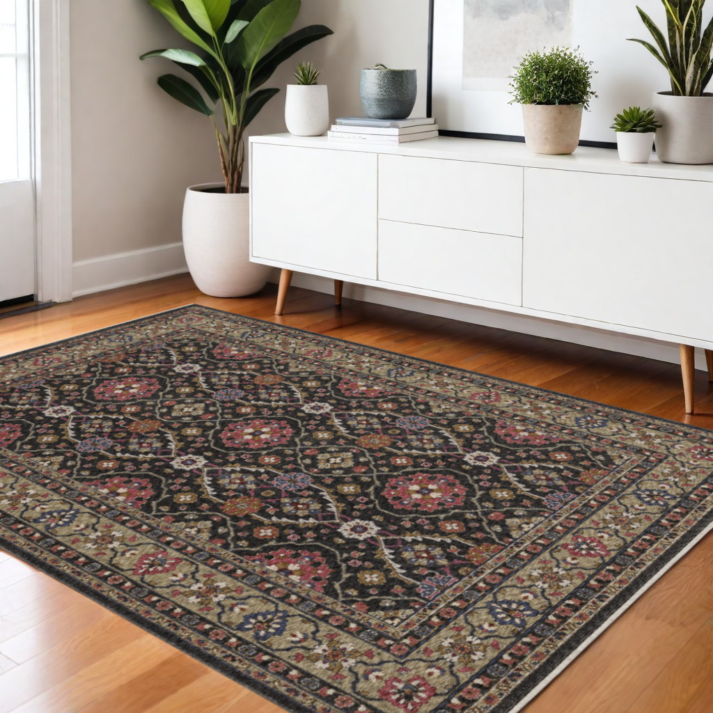 574927 4 x 6 ft. Oriental Rectangle Area Rug with Fringe, Charcoal & Pink