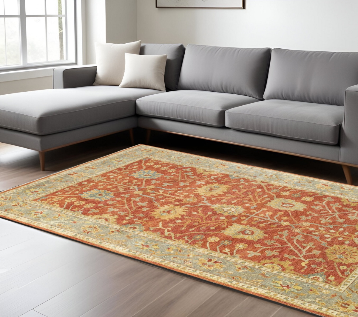 576365 10 x 14 ft. Wool Oriental Hand Knotted Rectangle Area Rug, Red & Gray