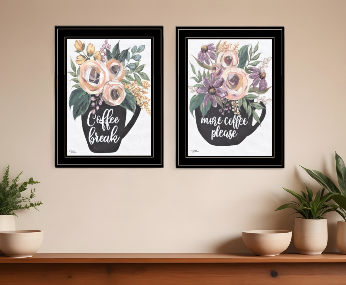 408028 More Coffee Please or Coffee Break Black Framed Print Kitchen Wall Art - Set of 2