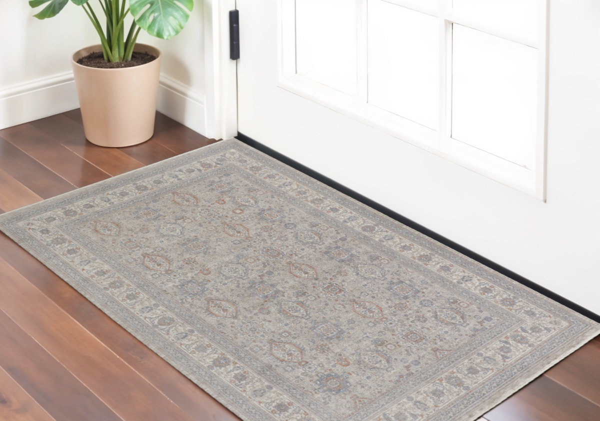 567429 2 x 3 ft. Oriental Power Loom Worn Faded Rectangle Area Rug with Fringe, Silver, Taupe & Blue