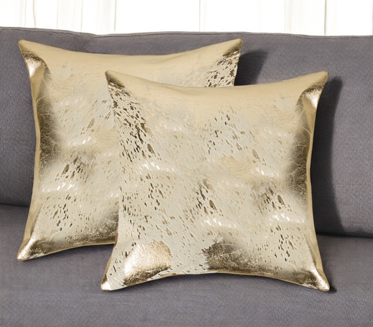 544647 Square 18 in. Natural & Gold Abstract Cowhide Throw Pillows with Glitter - Set of 2