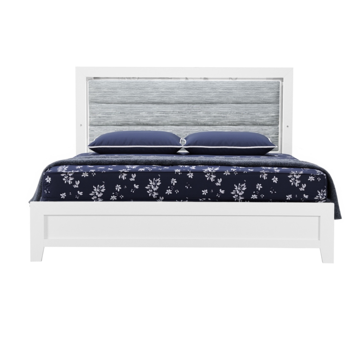 564731 White & Light Gray Ribbed Texture Wood & Upholstery Lighted Queen Size Bed Frame