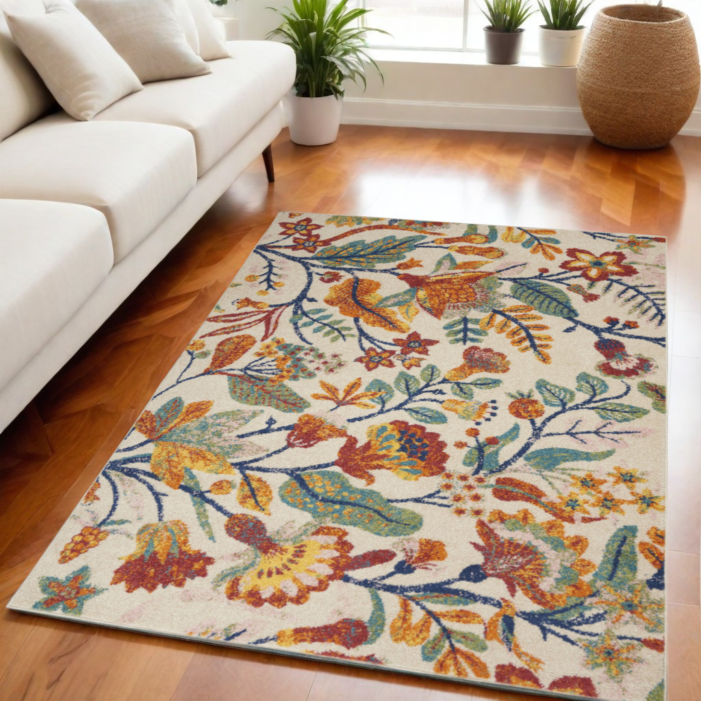 550282 5 x 7 ft. Floral Power Loom Rectangle Area Rug, Cream