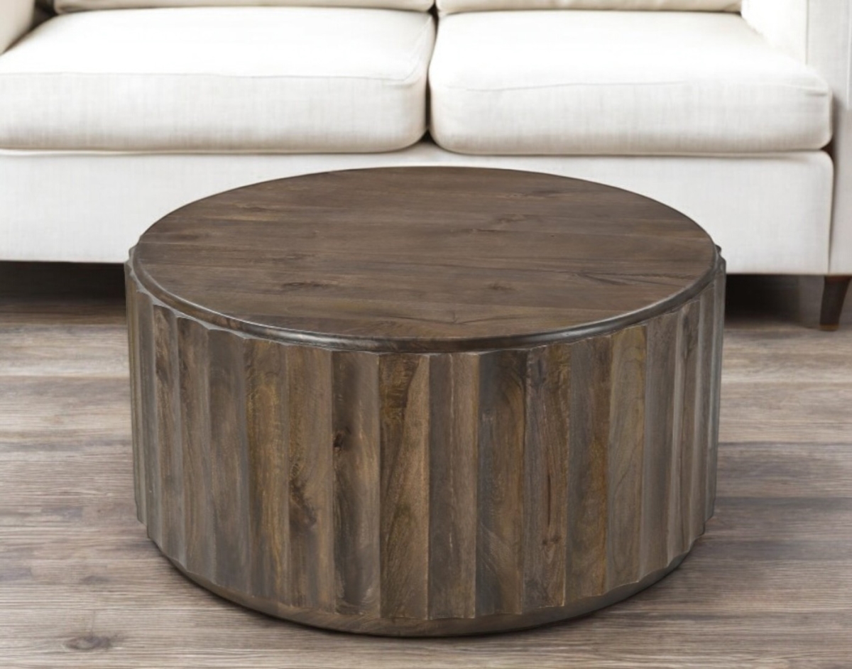 565307 36 in. Solid Wood Round Drum Coffee Table - Brown