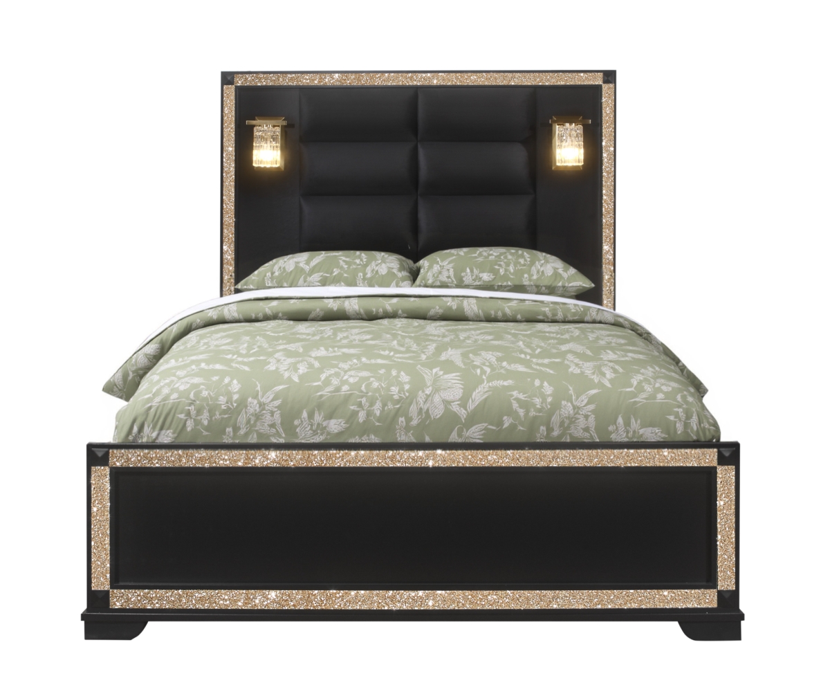 564719 Black Faux Crystal Bling Wood & Upholstery Lighted Queen Size Bed Frame