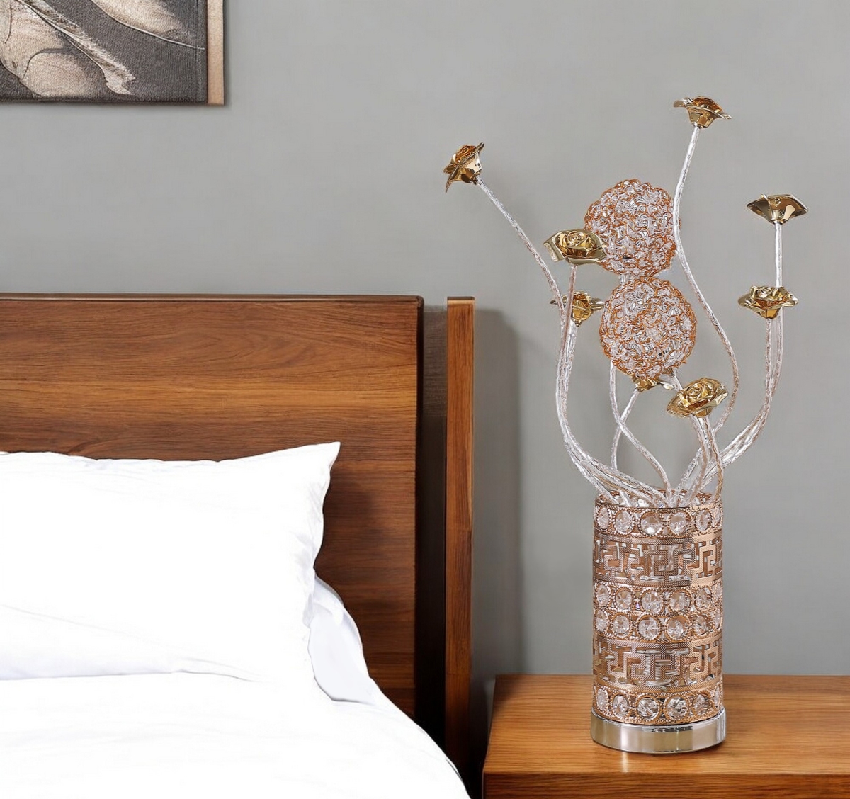 568834 22 in. Silver & Rose Gold Metal & Acrylic Flowers Bedside Lamp