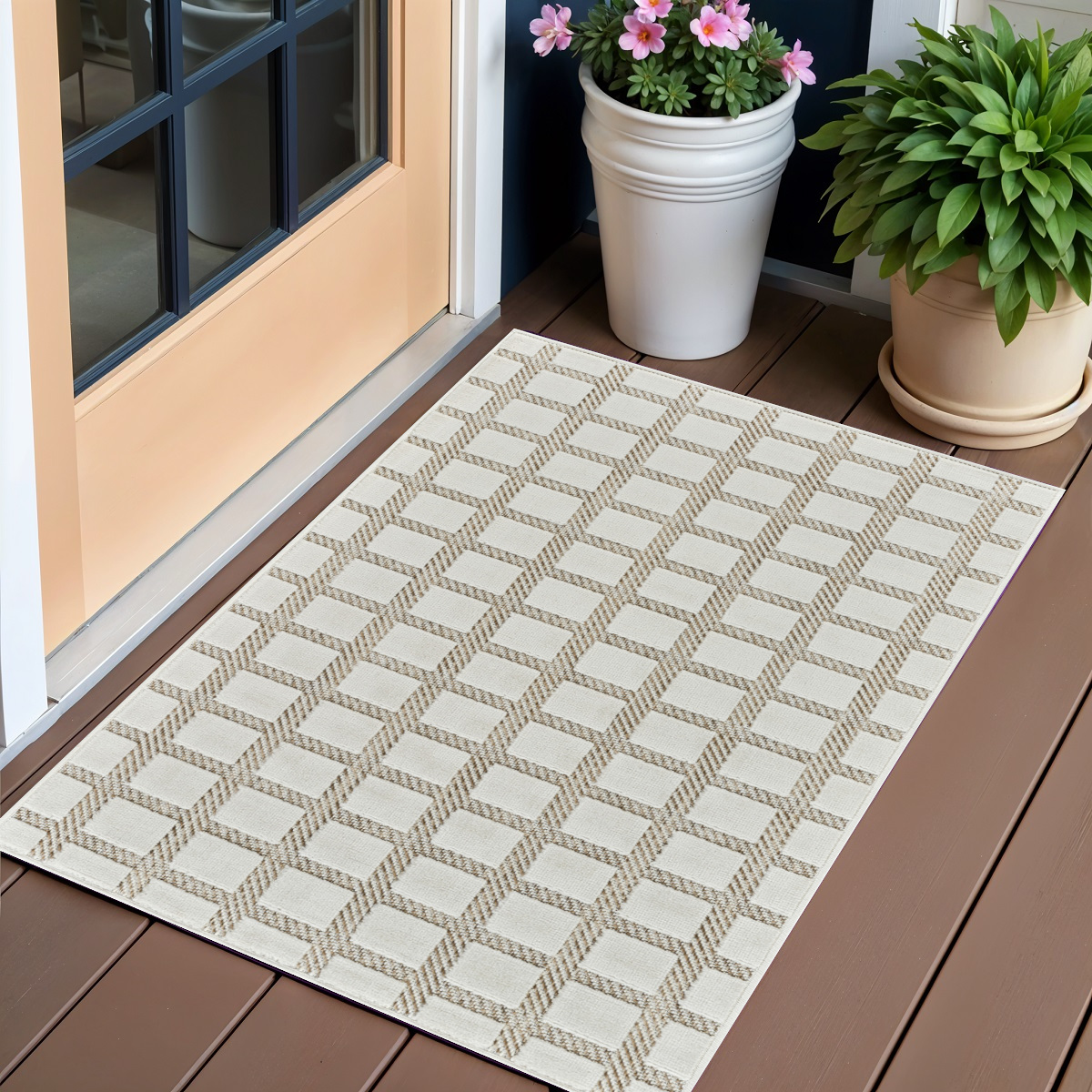558794 3 x 5 ft. Geometric Distressed Indoor & Outdoor Rectangle Area Rug, Cream & Beige