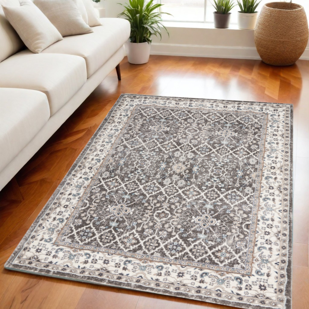 569619 5 x 7 ft. Floral Power Loom Rectangle Area Rug, Gray