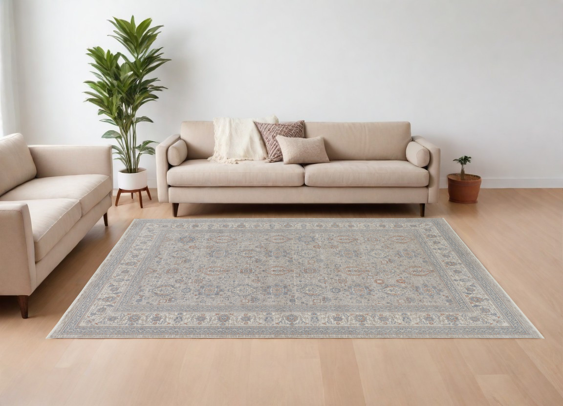 567428 12 x 15 ft. Oriental Power Loom Worn Faded Rectangle Area Rug with Fringe - Silver Taupe & Blue