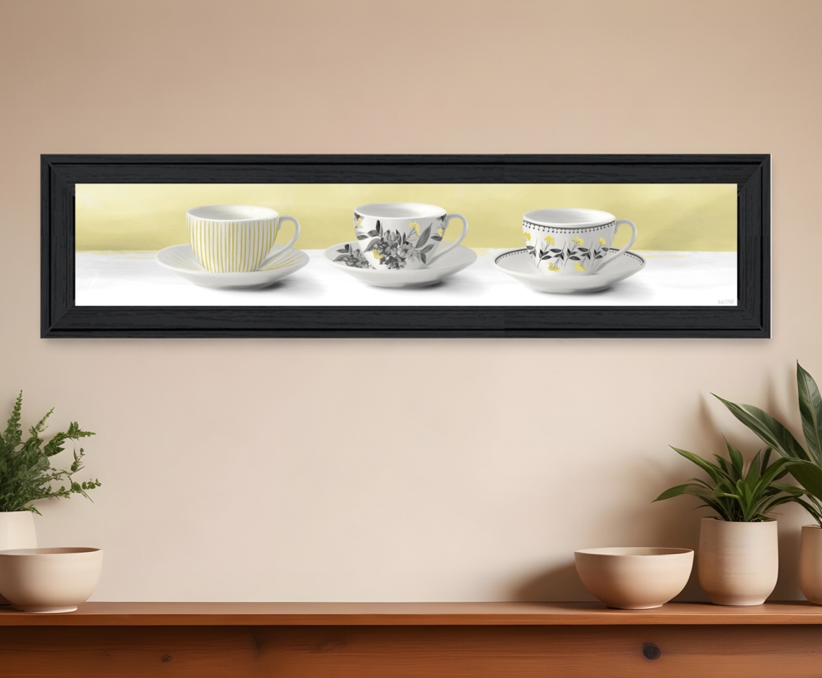416152 Stack of Tea Cups Yellow Black Framed Print Kitchen Wall Art