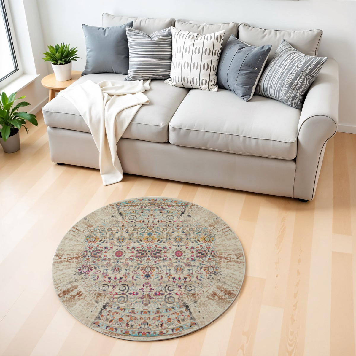 552451 4 ft. Floral Distressed Round Rug, Ivory & Brown