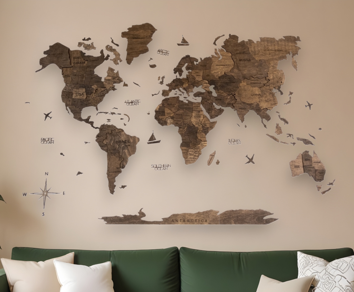 Picture of HomeRoots 521585 Horizontal 47 x 79 in. Dark Brown Wood World Map Hanging Dimensional Sculpture