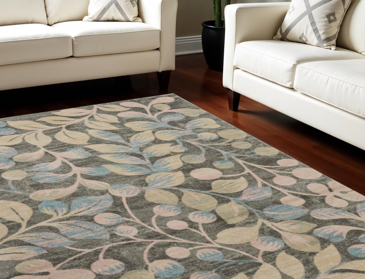 551438 9 x 12 ft. Botanical Leaves Rectangle Area Rug, Beige, Gray & Blue