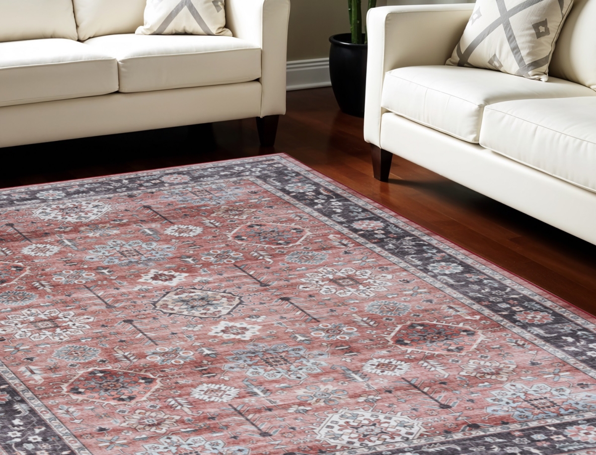550413 8 x 10 ft. Floral Distressed Non Skid Rectangle Area Rug, Black & Red