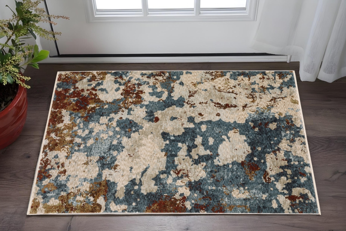 575417 3 x 5 ft. Abstract Rectangle Area Rug with Fringe, Beige, Teal & Rust