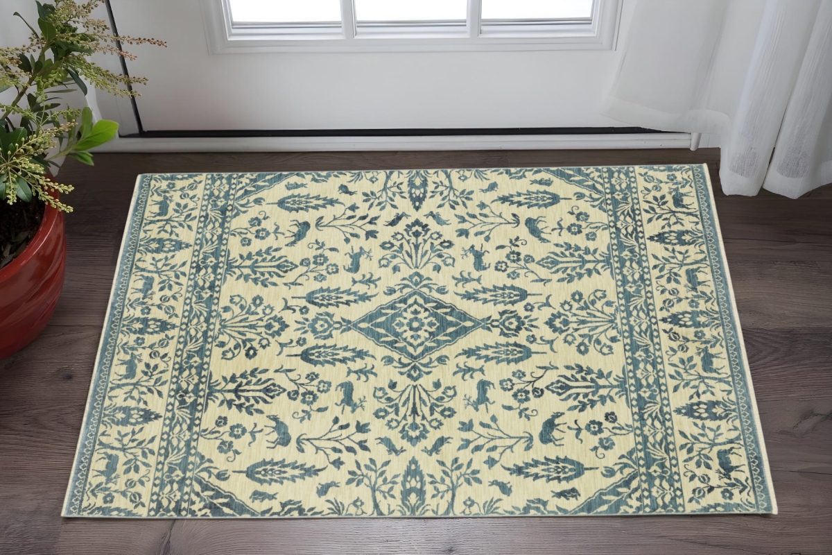 575233 3 x 5 ft. Oriental Rectangle Area Rug with Fringe, Ivory & Blue