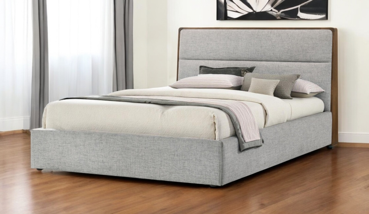 486254 Brown & Gray Wood Upholstered King Size Bed Frame, 550 lbs