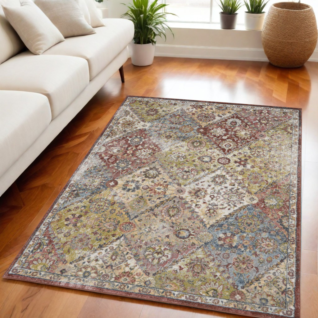 551291 5 x 7 ft. Floral Distressed Rectangle Area Rug, Green & Ivory