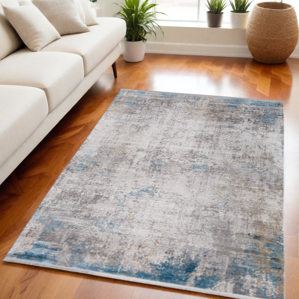 566013 5 x 8 ft. Abstract Power Loom Rectangle Area Rug with Fringe, Ivory, Gray & Blue