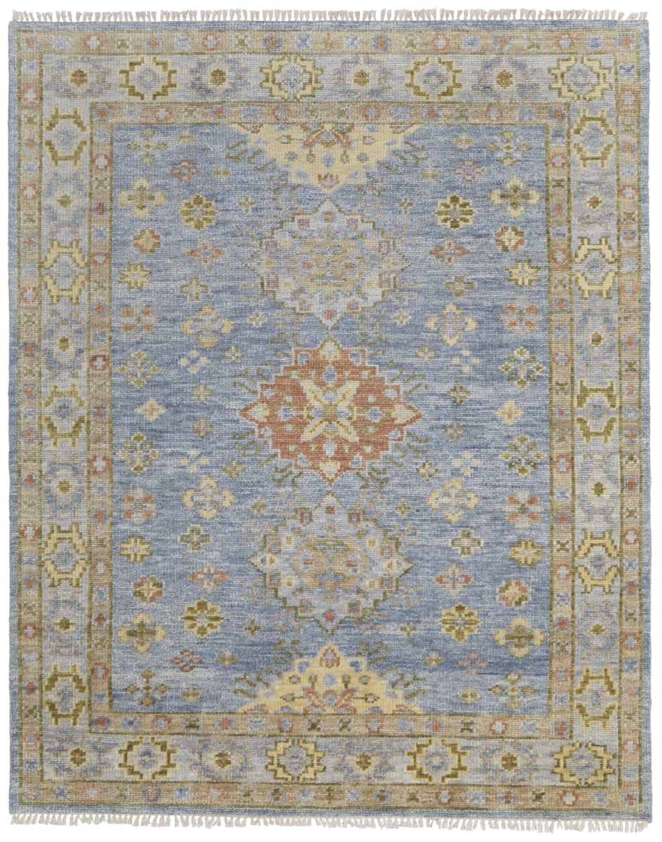 567116 3 x 5 ft. Wool Geometric Hand Knotted Rectangle Area Rug with Fringe, Green Blue & Yellow