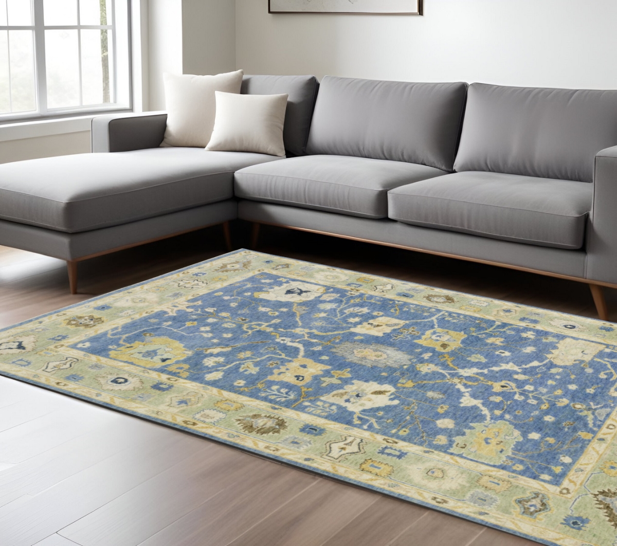 576162 8 x 10 ft. Wool Oriental Hand Knotted Rectangle Area Rug with Fringe, Blue & Green