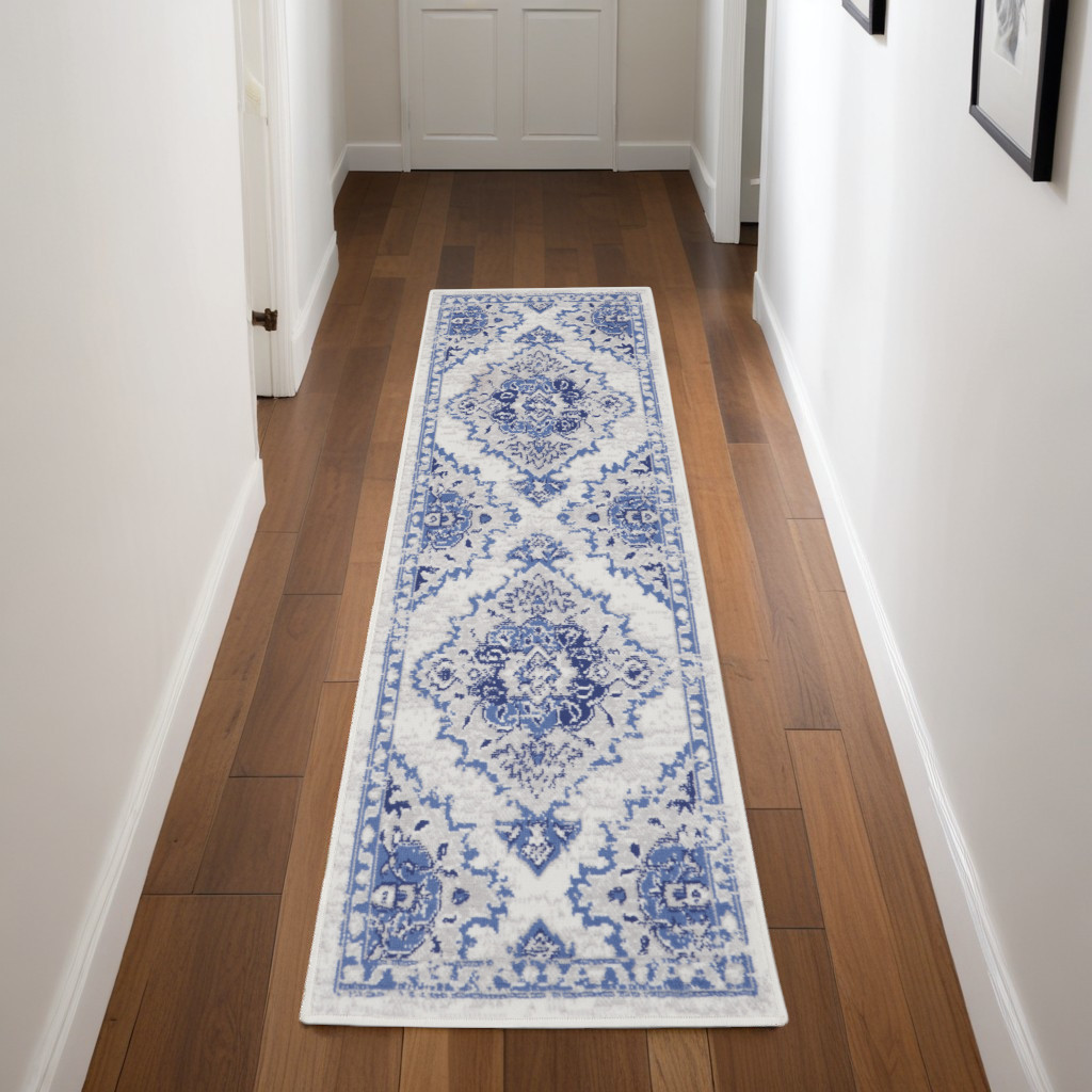 550630 8 ft. Floral Medallion Distressed Non Skid Runner Rug, Ivory & Blue