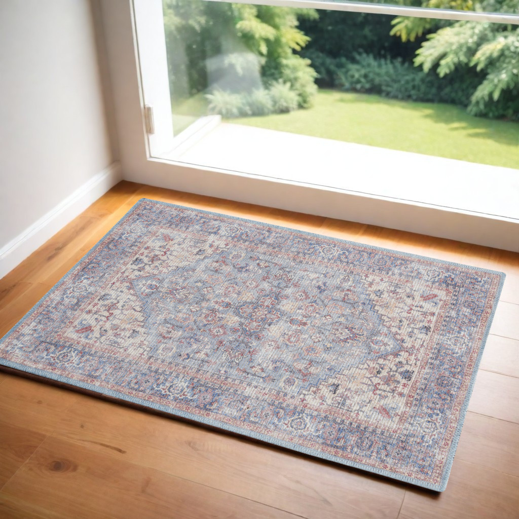 554913 3 x 5 ft. Floral Power Loom Distressed Rectangle Area Rug, Blue