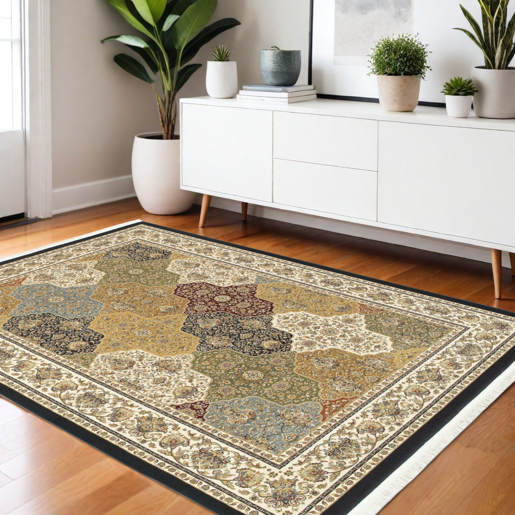 575516 4 x 6 ft. Oriental Rectangle Area Rug with Fringe, Navy Blue, Tan & Black