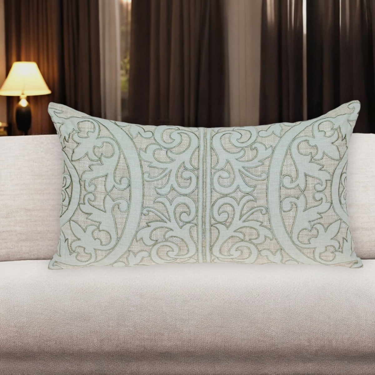 529263 14 x 24 in. Beige & Green Linen Lumbar Throw Pillow with Embroidery